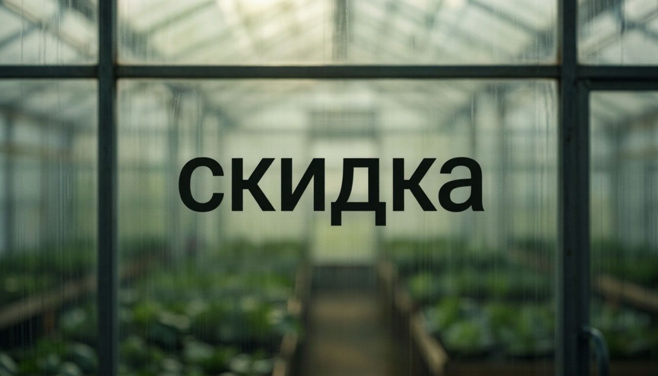Ценник скидки на фоне теплицы